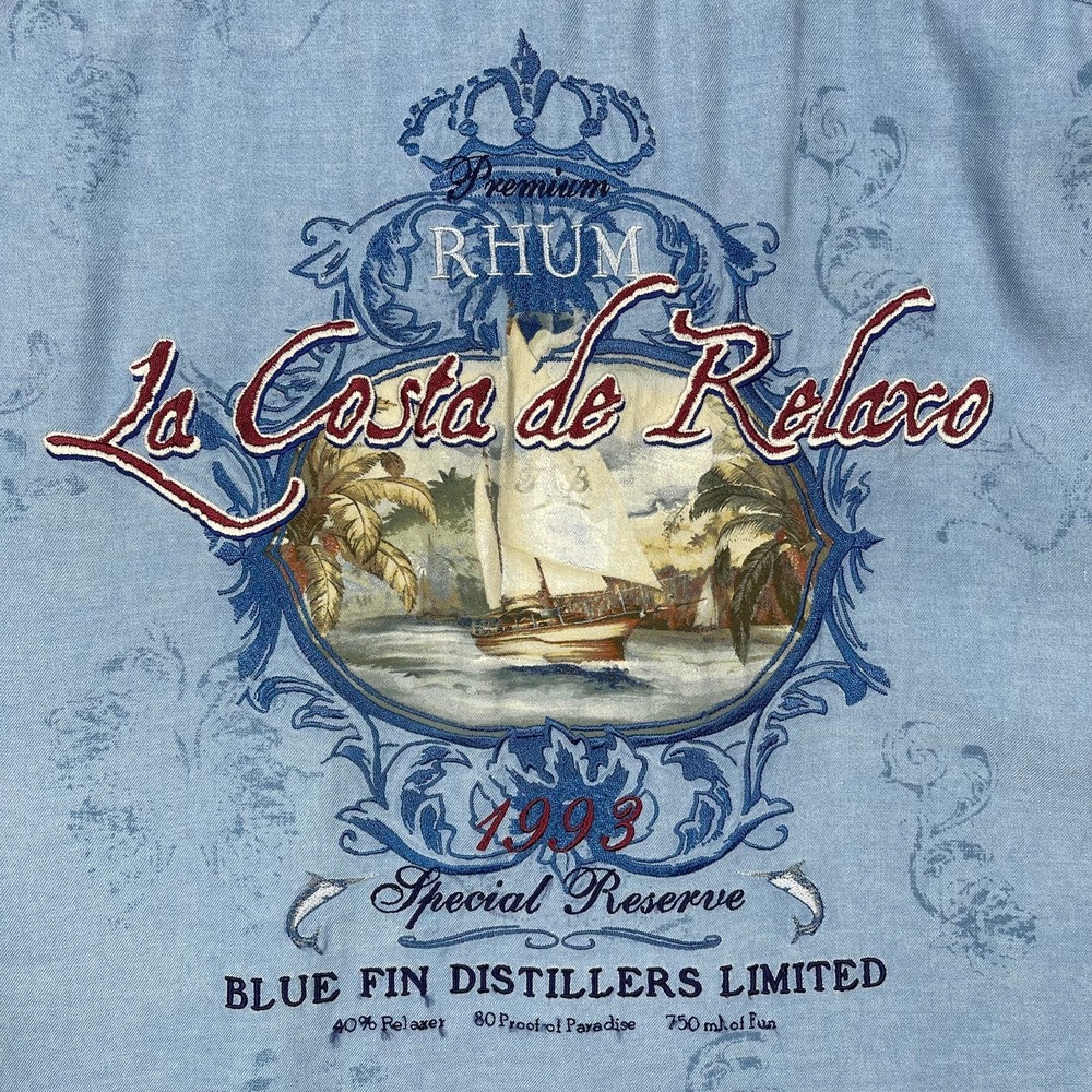 Tommy Bahama Shirt Mens XL Blue Silk La Costa de Relaxo Rum Graphic Camp Button
